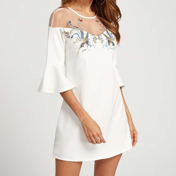 NWOT Mesh Shoulder Bell Sleeve Embroidered Dress - Picture 3 of 5